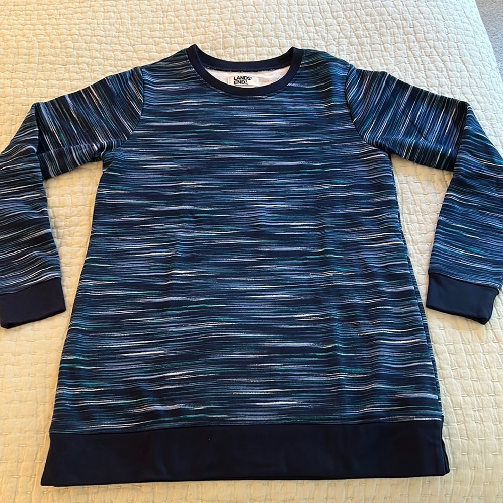 Lands End soft striped sweatshirt with navy knit trim.